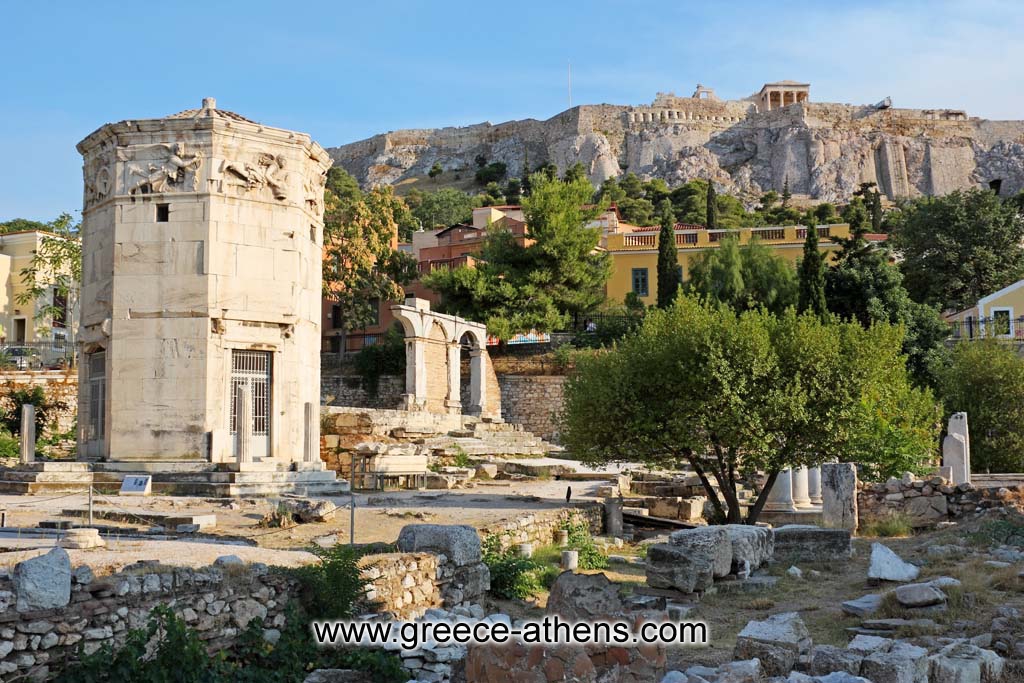 Tower of the Winds - Tower of the Winds or Aerides Tower, at the Roman forum, in the Plaka quarter, Athens, Greece. A graceful stone tower dating back to the first century AD.